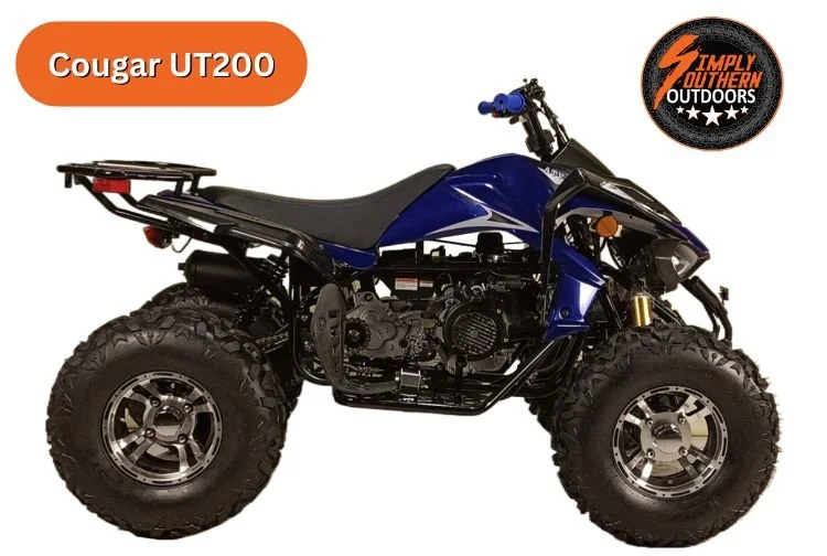 The Cougar UT 200 is a 169cc, air-cooled, 4-stroke utility ATV for teens/adults, featuring an automatic transmission with reverse, electric start, and chain drive, making it easy to operate. Key features include front drum/rear hydraulic disc brakes,