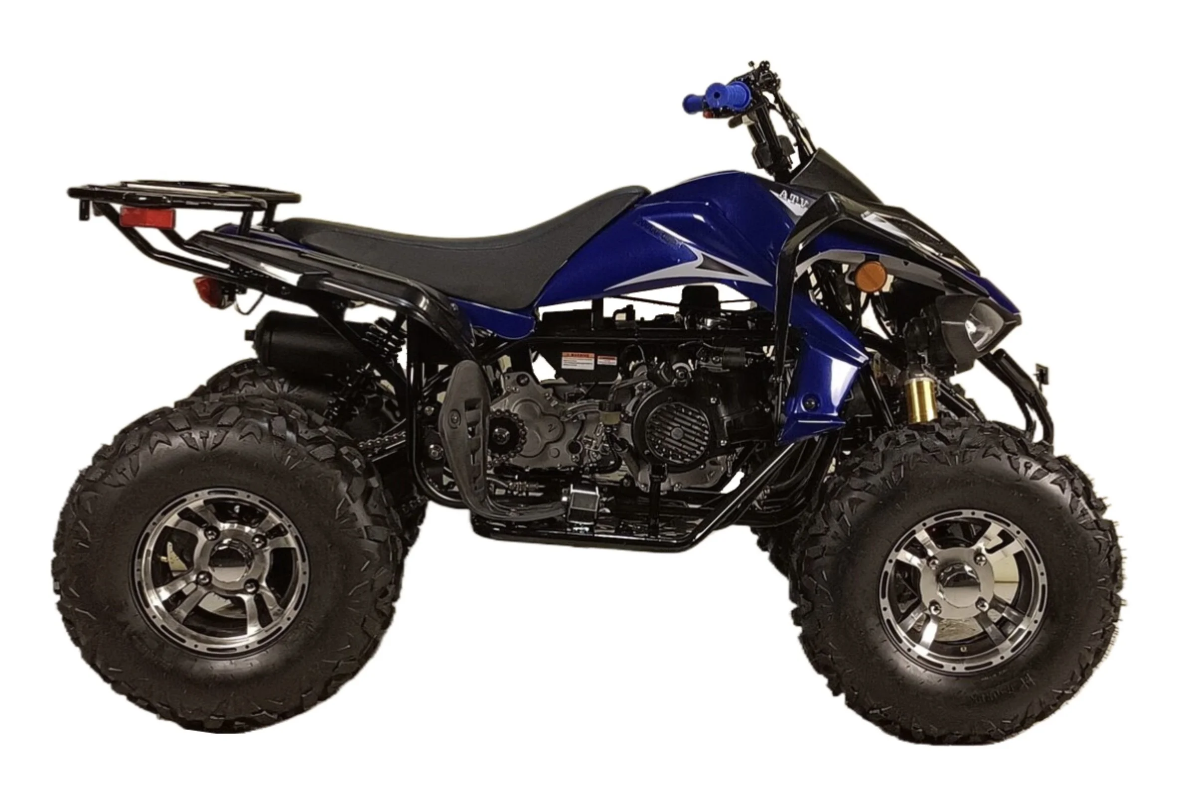 A blue all-terrain motorcycle with large, rugged tires and a black seat, featuring front suspension and handlebar controls, against a white background.