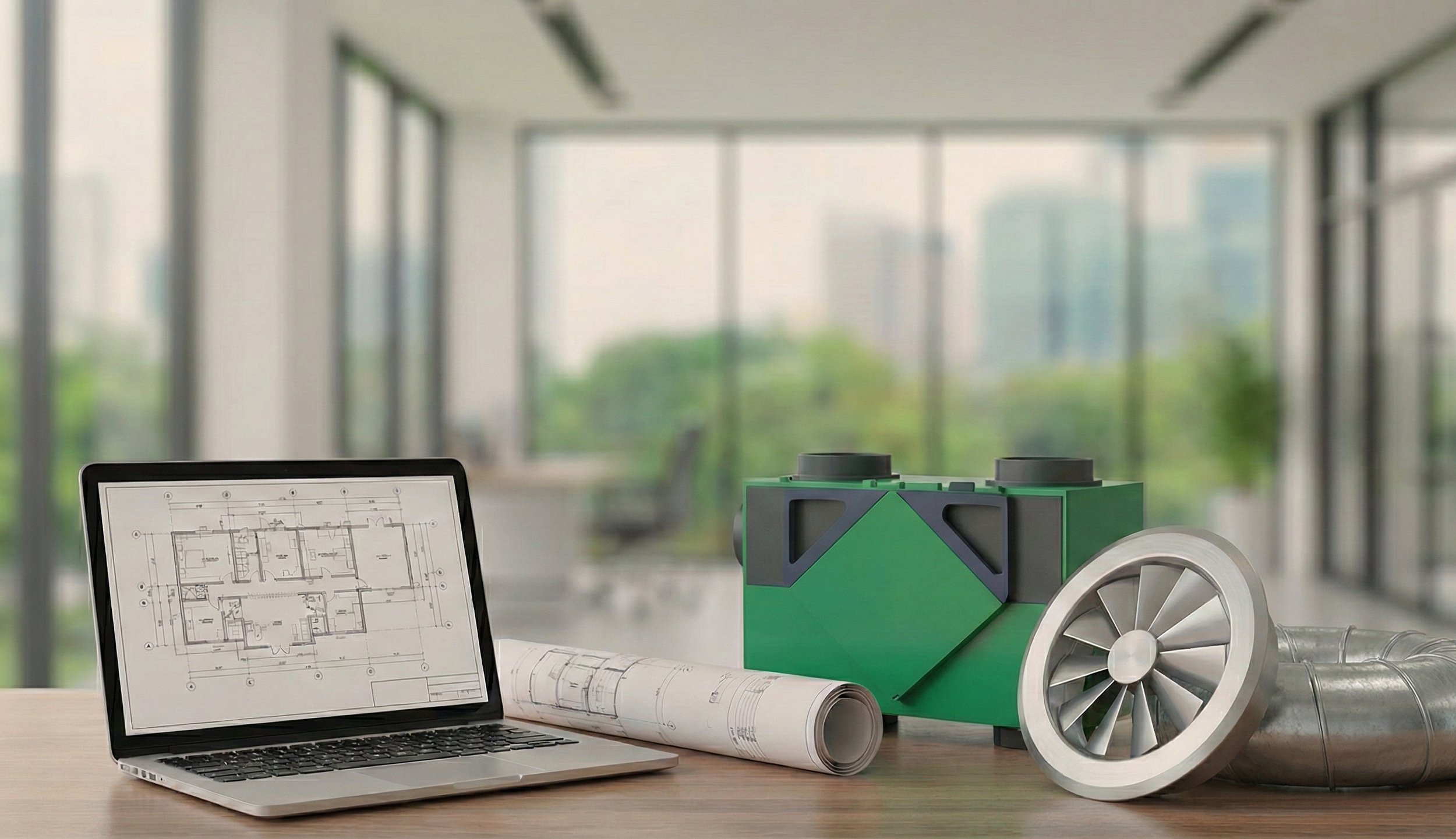 Design workspace featuring laptop mechanical plans alongside physical samples of an ERV/HRV unit, fan, and rigid ducting.
