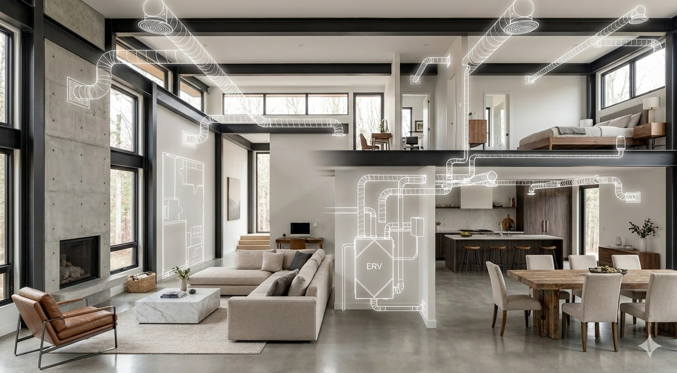 Cross-section of a two-story home displaying a whole-house ERV / HRV mechanical layout with multi-level ductwork routing.