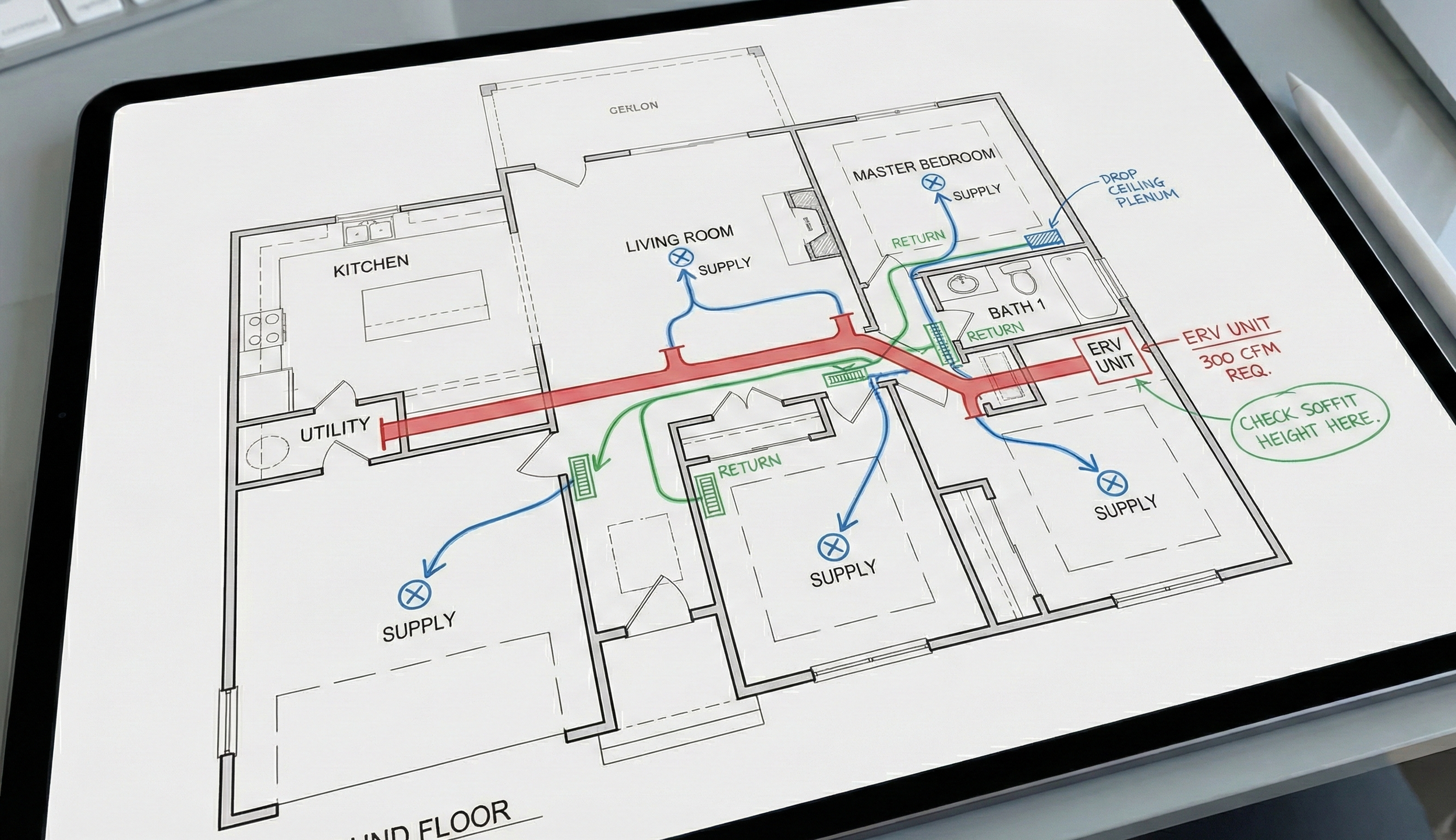 Digital tablet displaying a residential ERV or HRV mechanical design layout with supply, return, and outdoor air line locations.