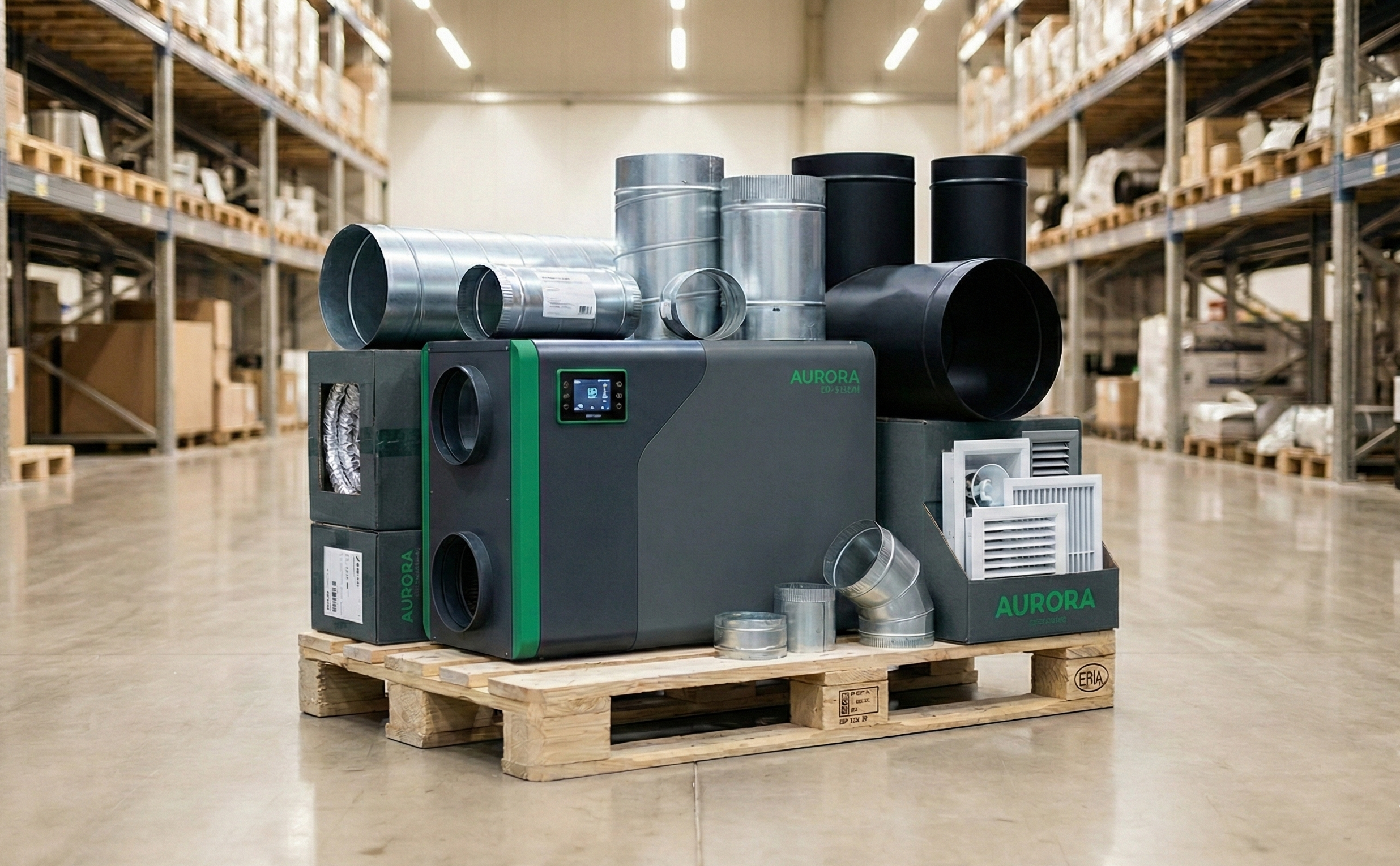 Complete residential ventilation supply kit on a pallet with ERV unit, ductwork, and diffusers, ready for nationwide shipping.