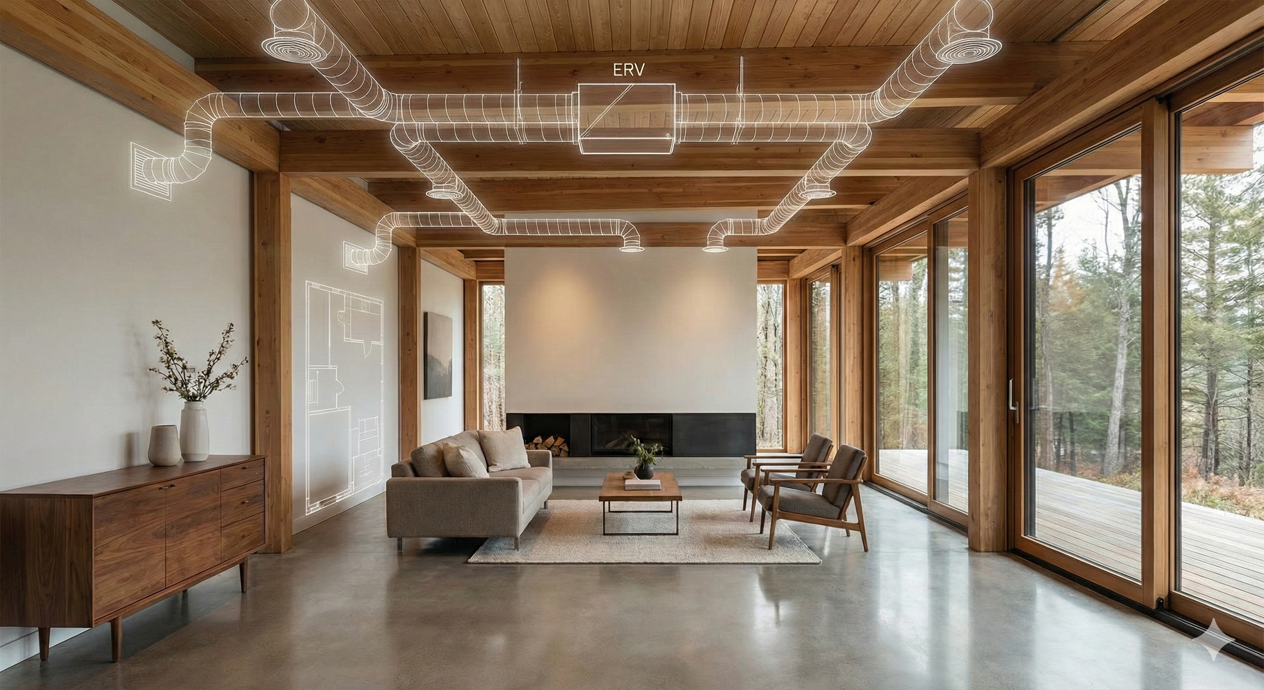 3D ERV (Energy Recovery Ventilator) mechanical layout shows duct routing, supply diffusers, and return vents.
