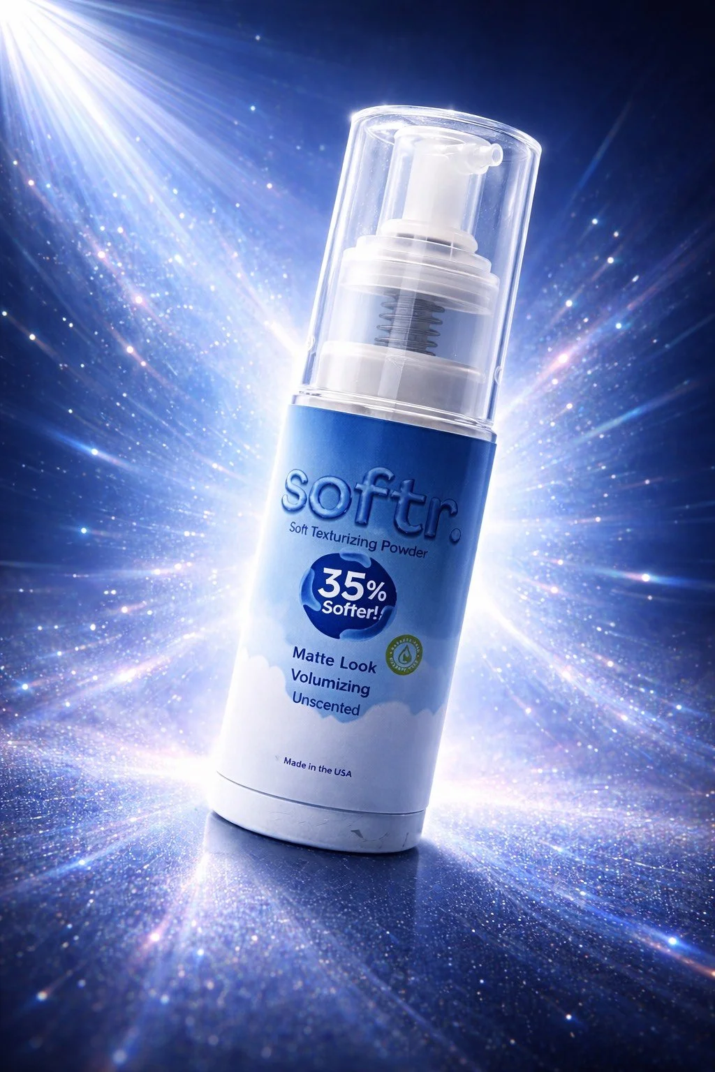 A bottle of Soffr soft texturizing powder with a blue label, clear cap, and a background of bright light rays and sparkles.