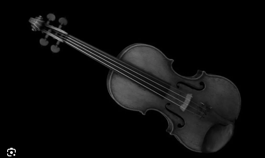 A black and white image of a violin with a dark background.