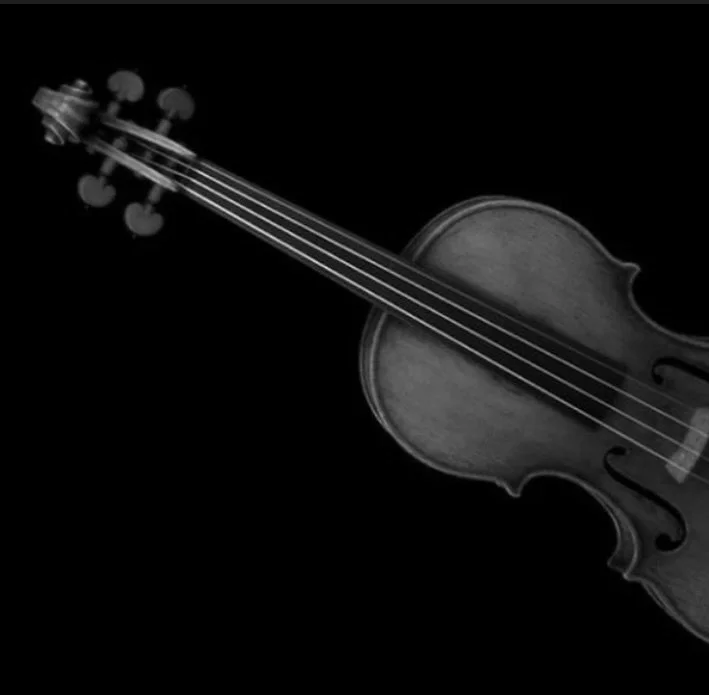 Black and white photograph of a violin with a dark background.