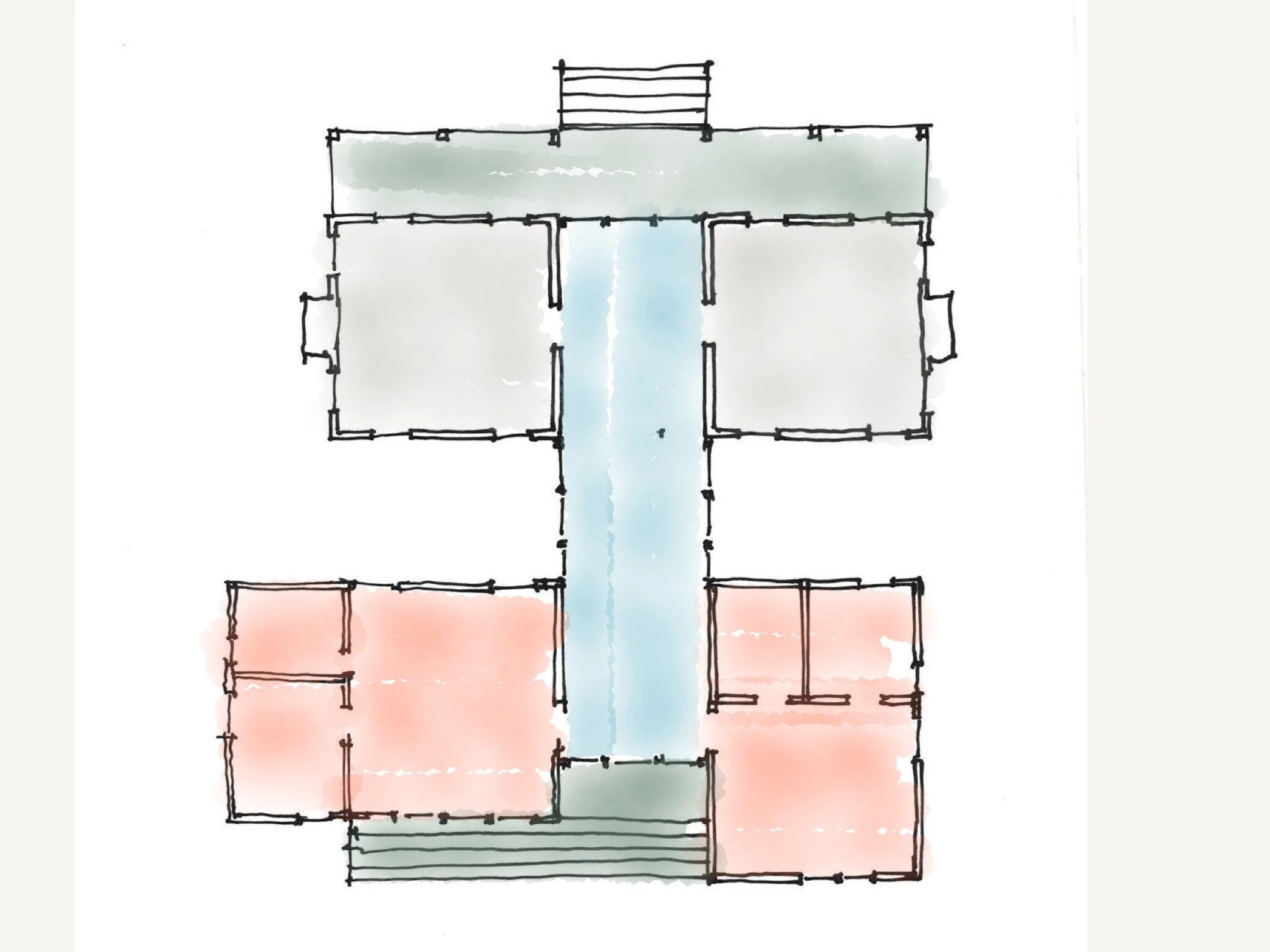 A hand-drawn floor plan of a building, highlighting different rooms with blue, red, and gray watercolor shades.