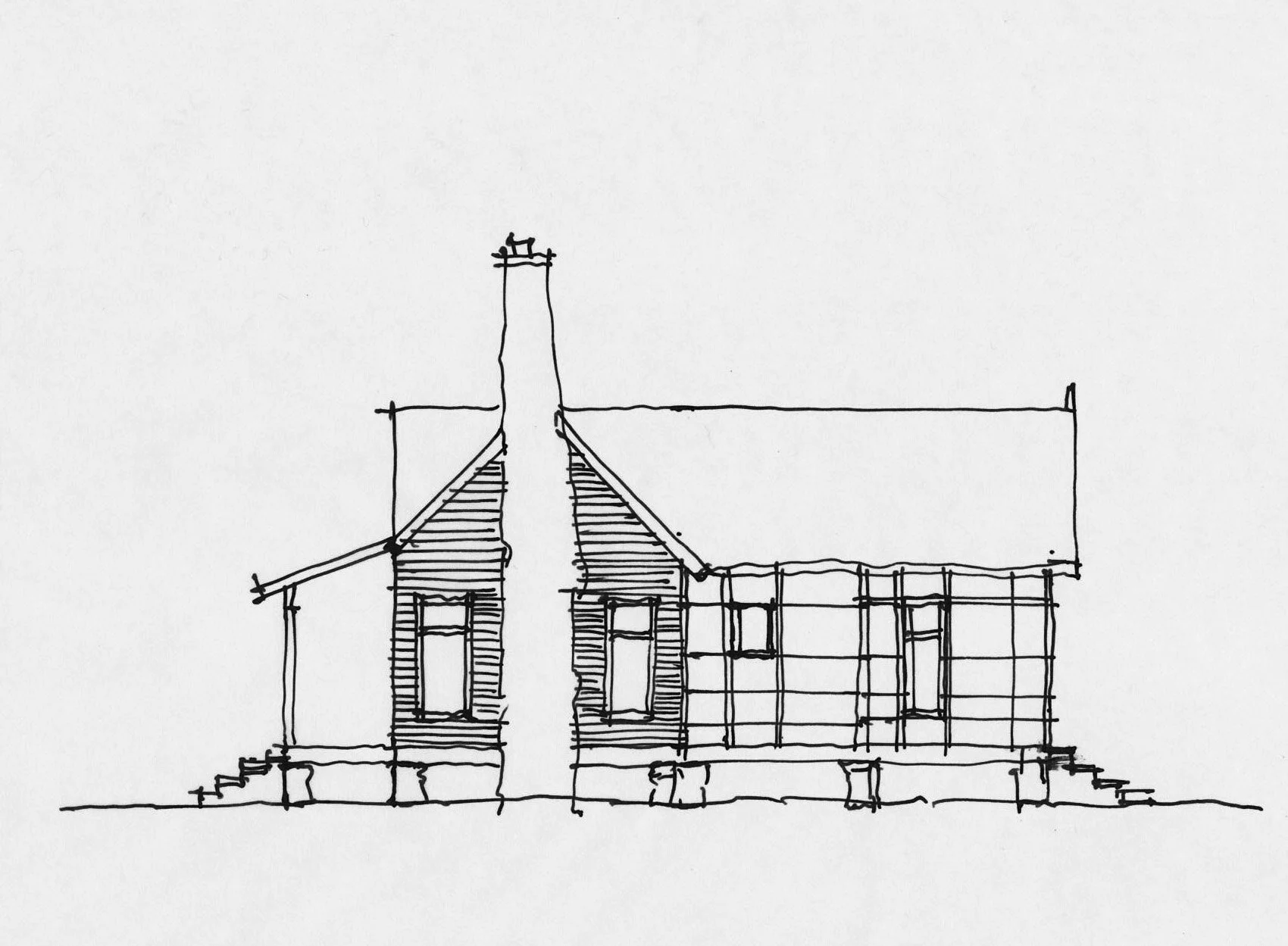 Line drawing of a house with a steeple, steps leading up to the front entrance, and a porch on the left side.