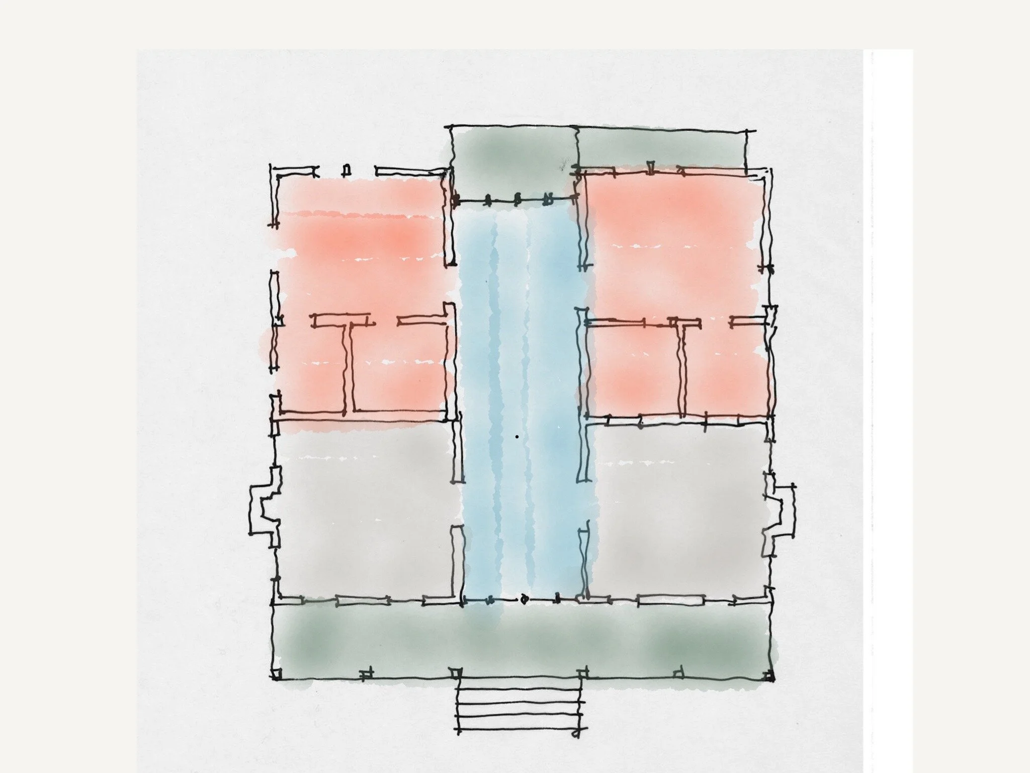 A hand-drawn floor plan of a house with color-coded areas: two red-colored rooms, a blue corridor, and light gray and green sections, possibly representing different rooms or spaces, with stairs at the bottom.