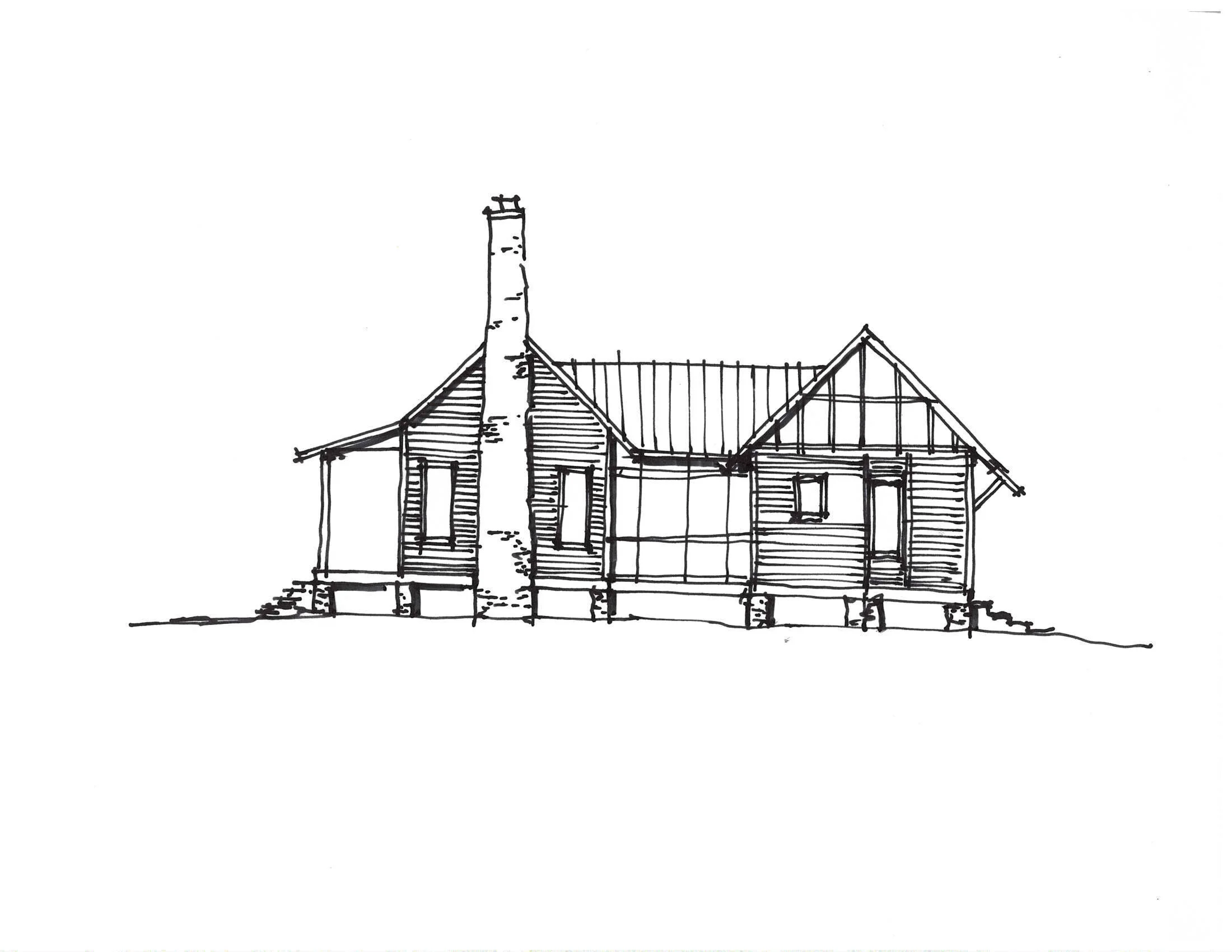 A black and white sketch of a house with a chimney, raised on concrete blocks, with stairs leading up to the front, and a gabled roof.