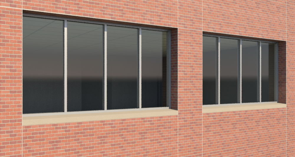 Two large windows on a brick building facade