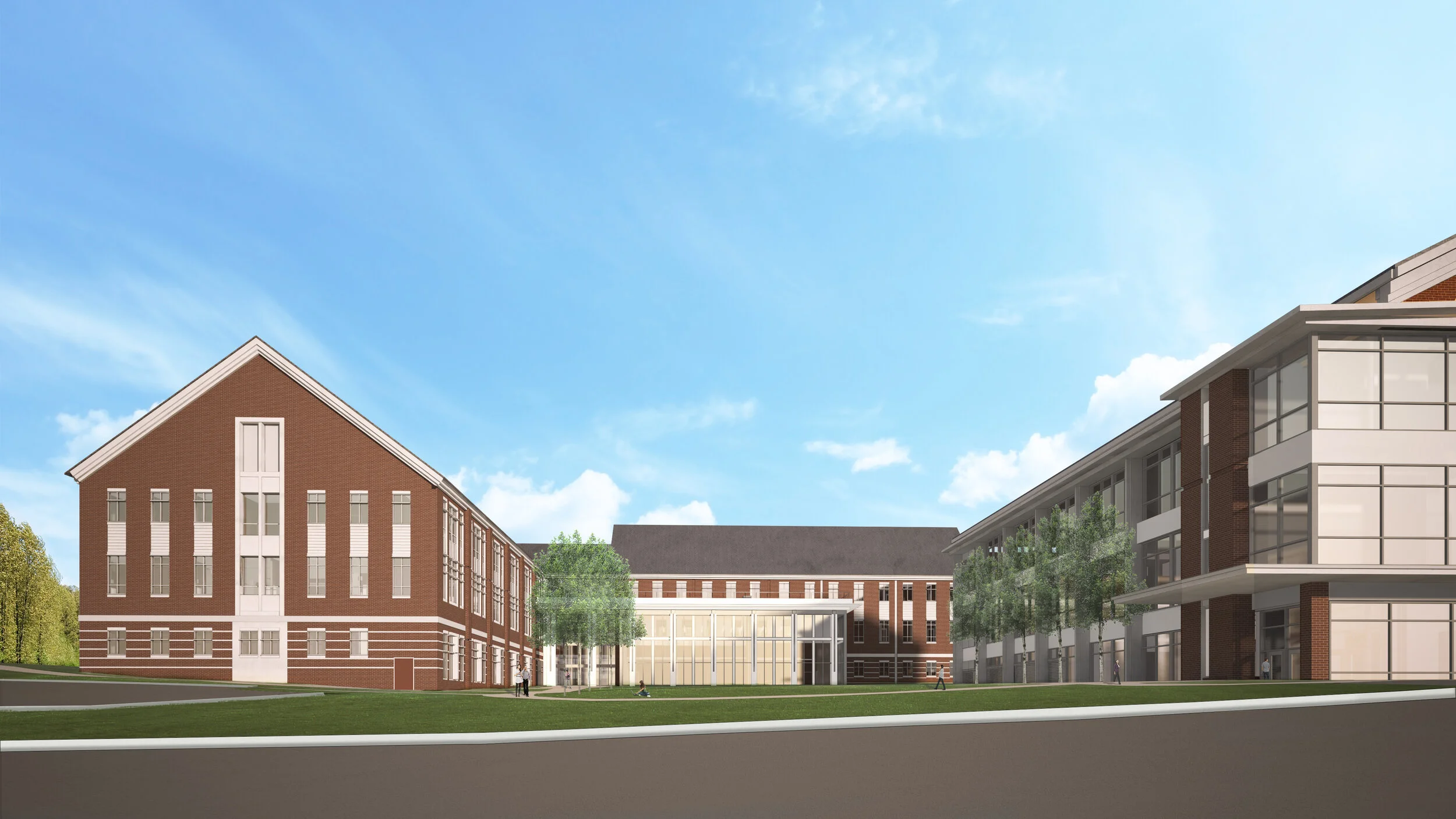Rendering of a modern educational campus with brick buildings, large windows, and a glass-walled central lobby, set against a bright blue sky with some clouds.