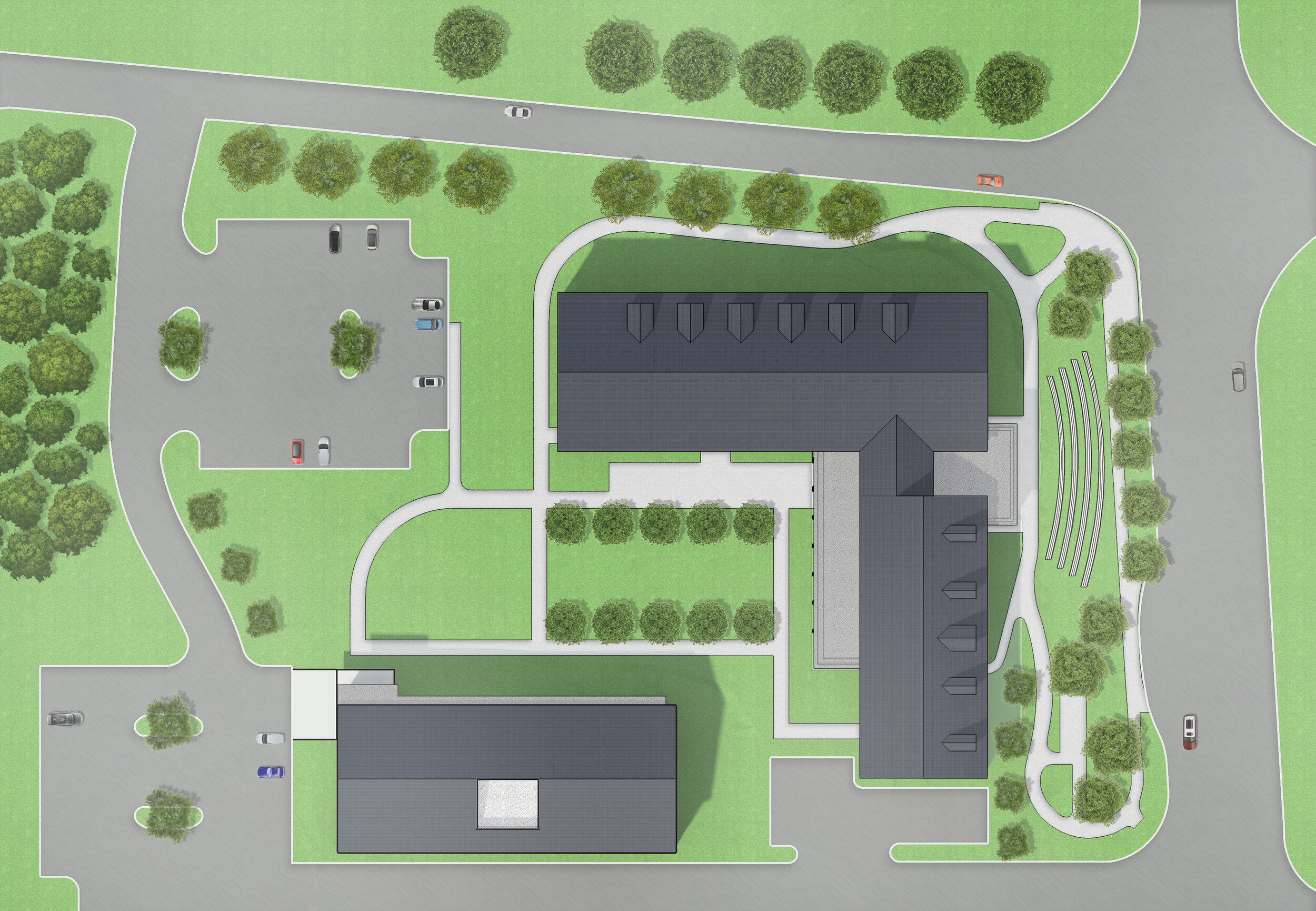 Aerial view of a campus or park with buildings, parking lots, trees, and pathways.