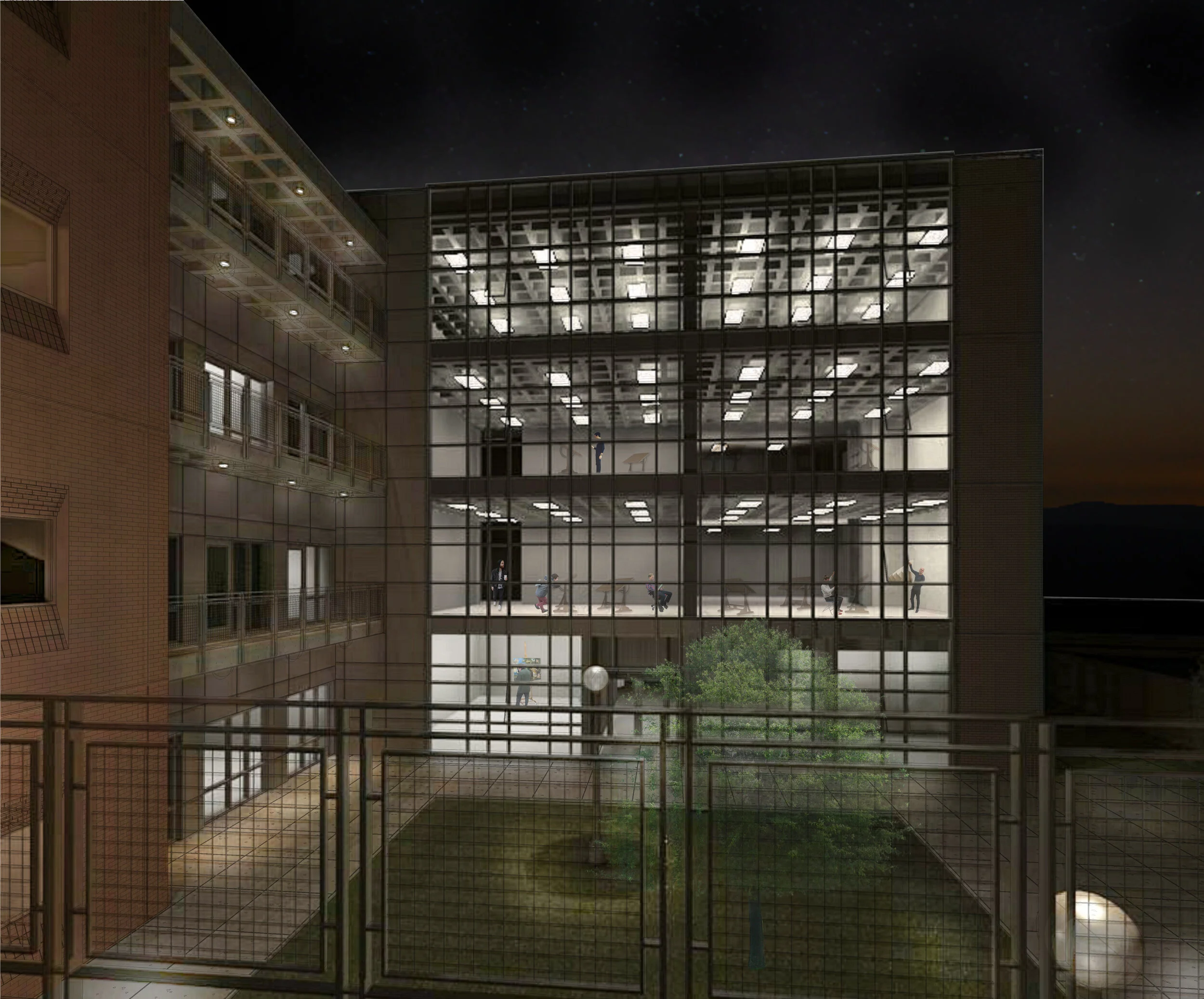 Night view of a modern glass building with illuminated interior, showing multiple floors with people inside engaged in various activities.