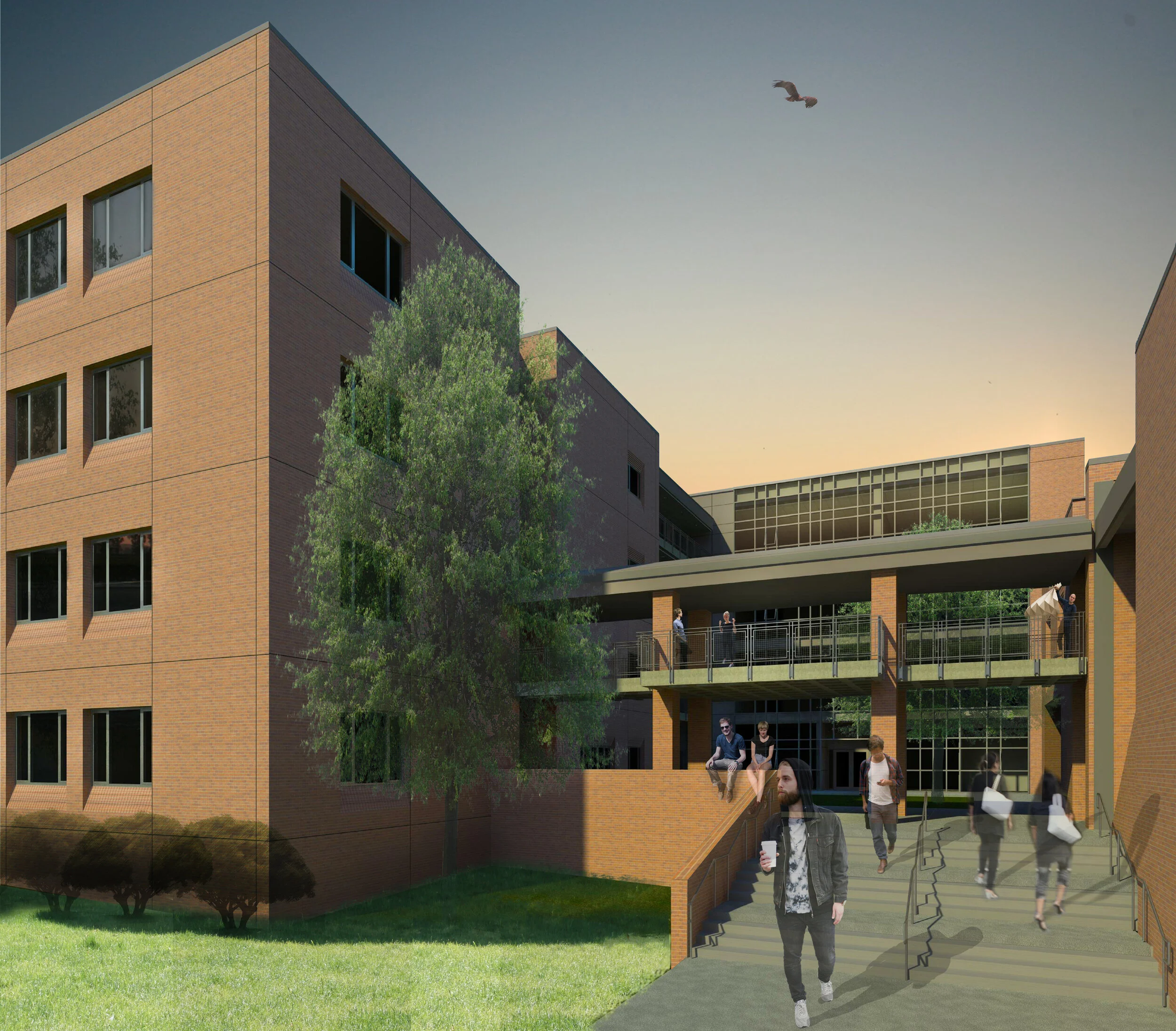 A digital rendering of a modern brick university building with multiple floors, outdoor walkways, and students walking and sitting outside during sunset.