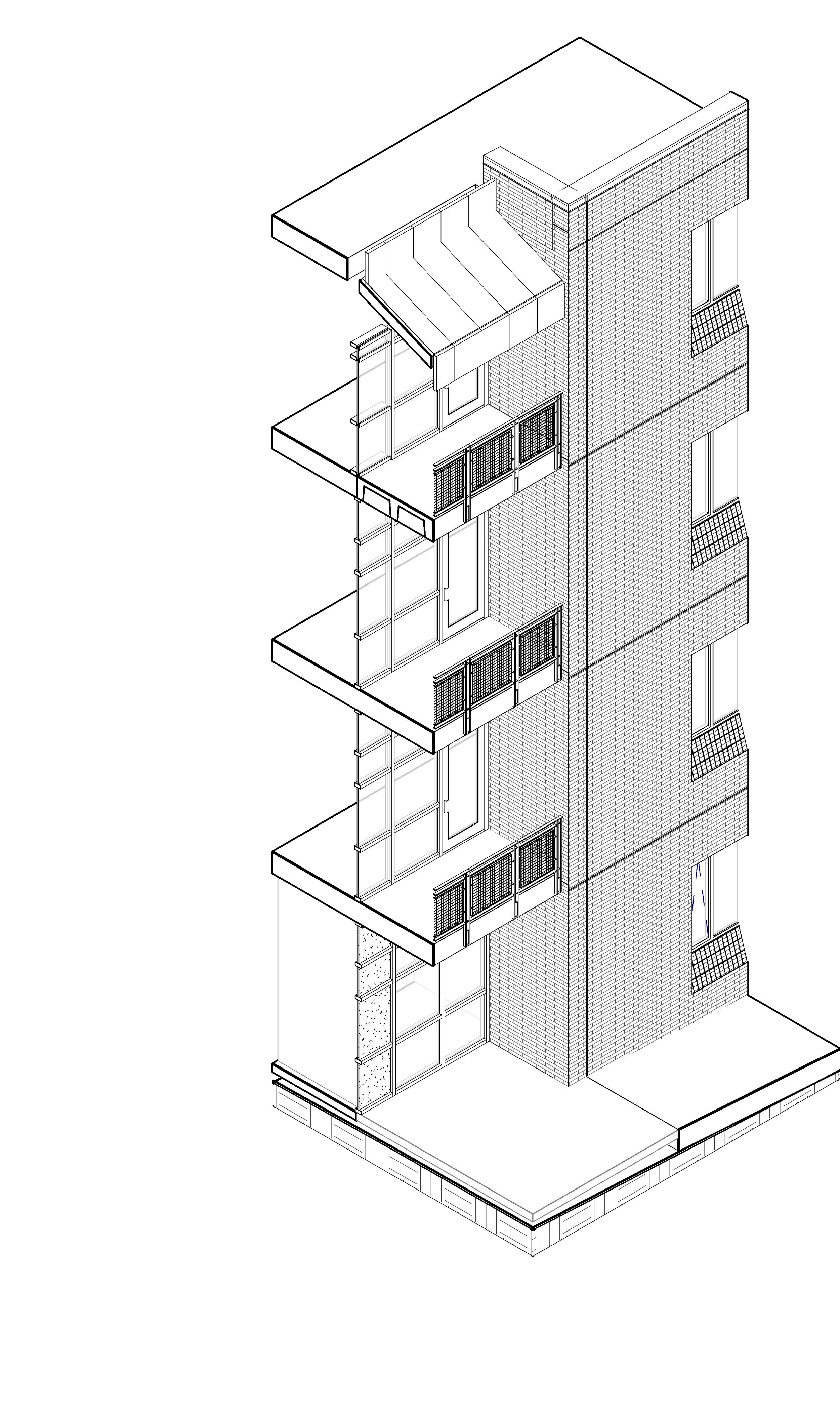 Line drawing of a multi-story apartment building with balconies and brick exterior.