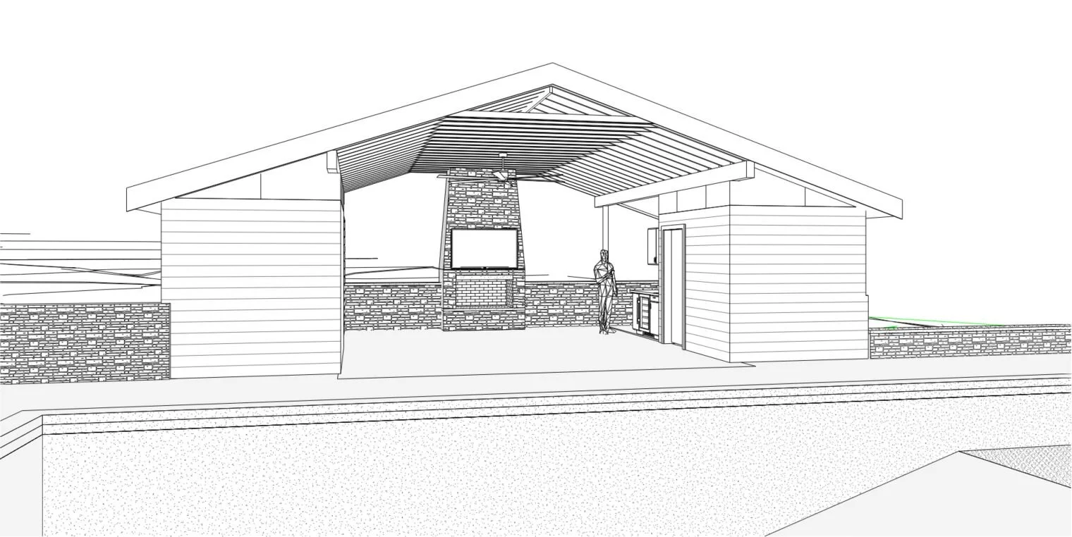 Architectural drawing of an outdoor living space with a gabled roof, stone fireplace, and built-in grill, surrounded by a stone and wood fence.