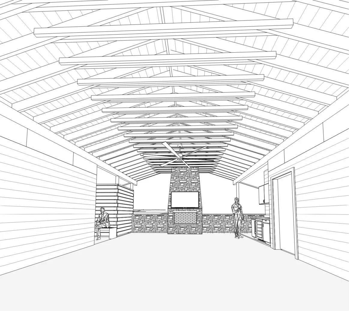 Line drawing of a spacious interior room with a vaulted ceiling featuring exposed beams, a large brick fireplace centered on the back wall, a wall-mounted television above the fireplace, and two people sitting on benches on either side of the room.