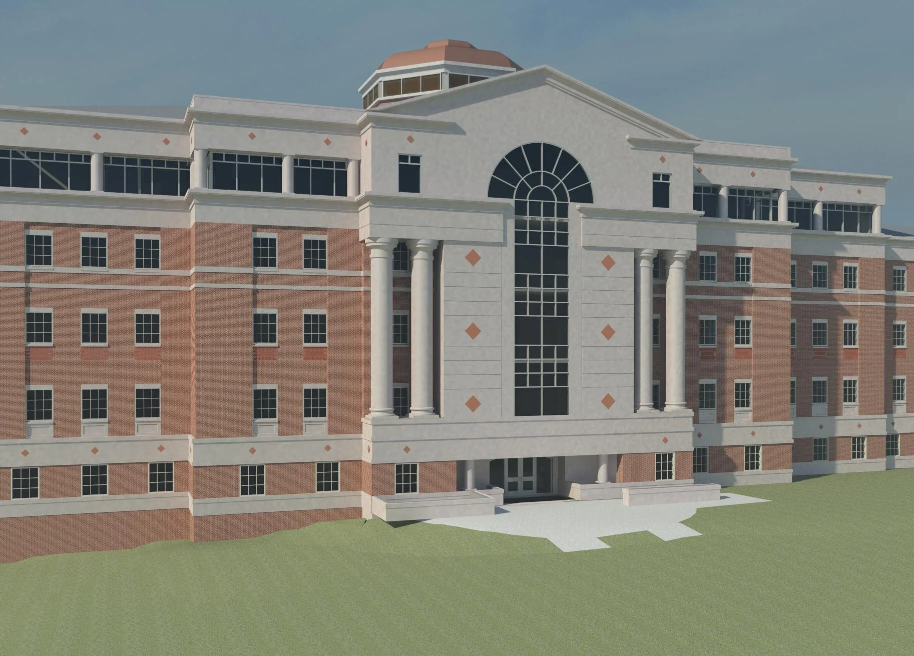 Rendering of a large institutional building with a central dome, brick and white exterior, tall columns, and multiple windows.