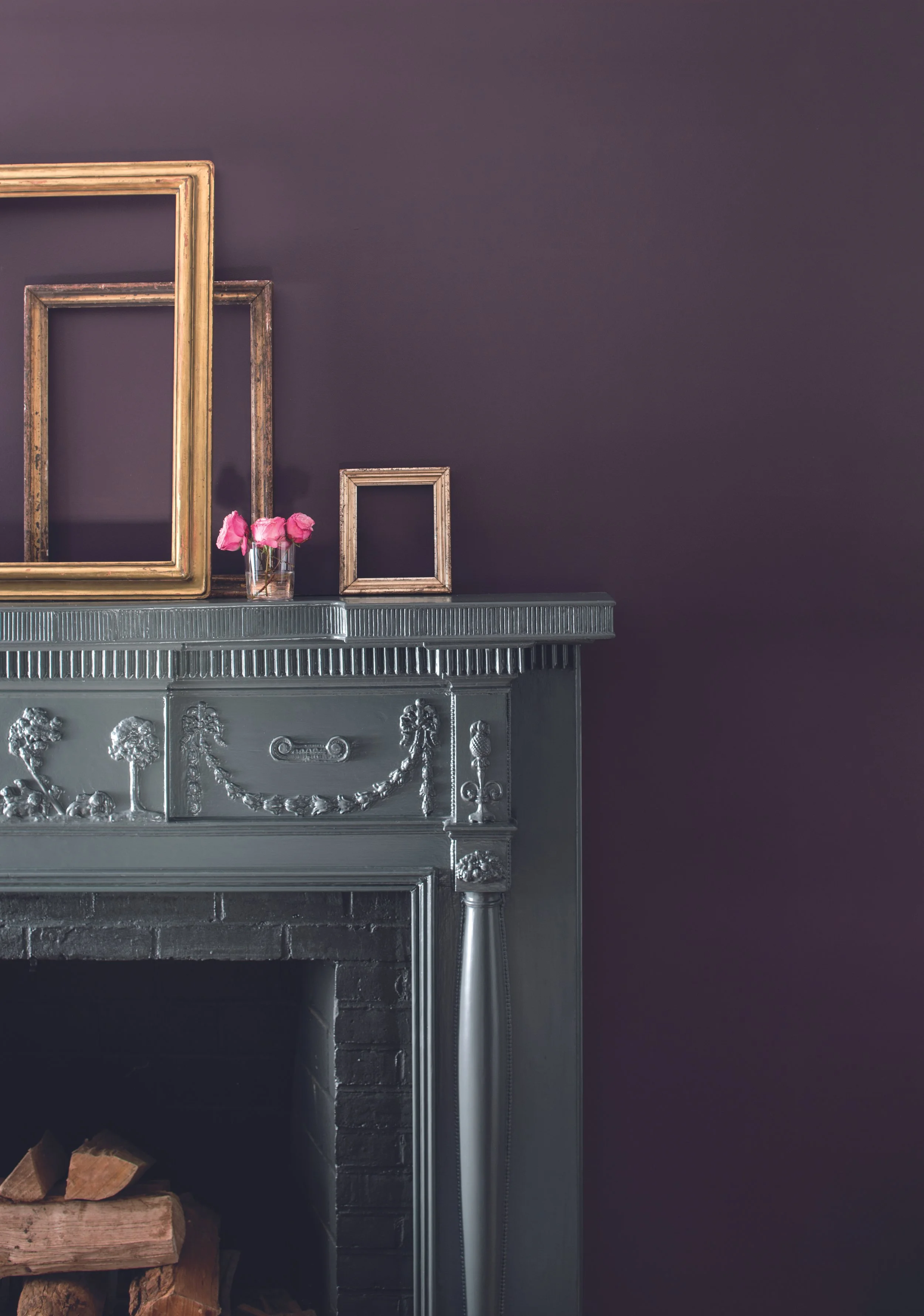 Benjamin Moore purple wall interior paint with fireplace mantel in a satin grey