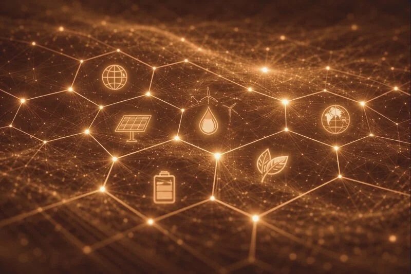 Digital illustration of interconnected energy and environmental icons, including a globe, wind turbine, solar panel, water droplet, leaf, and battery, on a glowing network background.