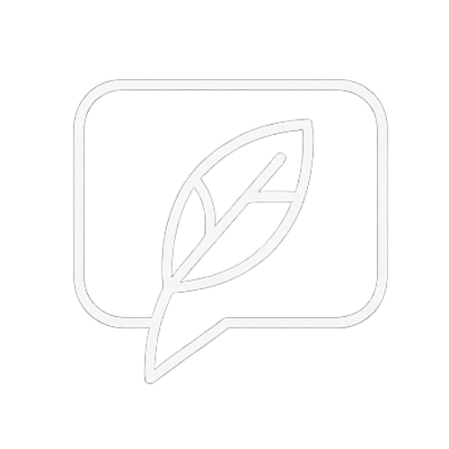 White outline of a speech bubble with a leaf inside, set against a plain background.