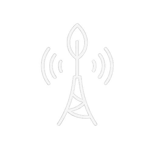 A minimalist line drawing of a plant growing on top of a radio tower emitting signals