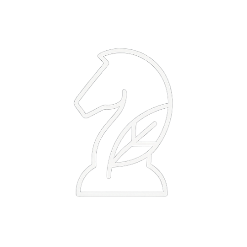 Outline of a horse's head with a leaf inside, resembling a chess knight piece.