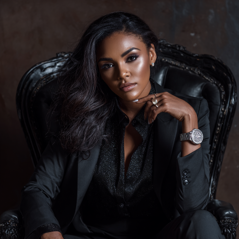 A confident woman with dark, styled hair and makeup, wearing a black blazer with a sparkly black shirt, sitting on a black leather ornate chair, posing with her hand near her face, wearing a watch and rings.
