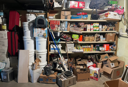 A cluttered garage with shelves filled with various household items, boxes, and storage containers, along with a mop and vacuum cleaner on the floor.