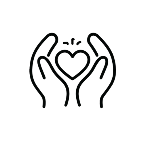 Outline drawing of hands holding a heart.