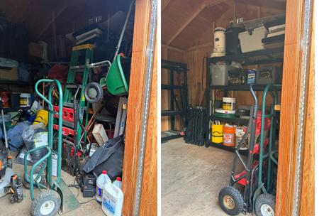 Comparison of two garage storage scenes with wheelbarrows, shelves, and various stored items.