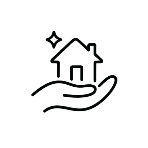 Simple line drawing of a house resting on an open hand with stars and a moon in the night sky