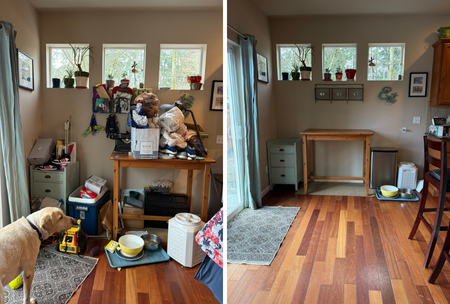 Before and after cleaning of a living room, showing cluttered space on the left and tidy room on the right.
