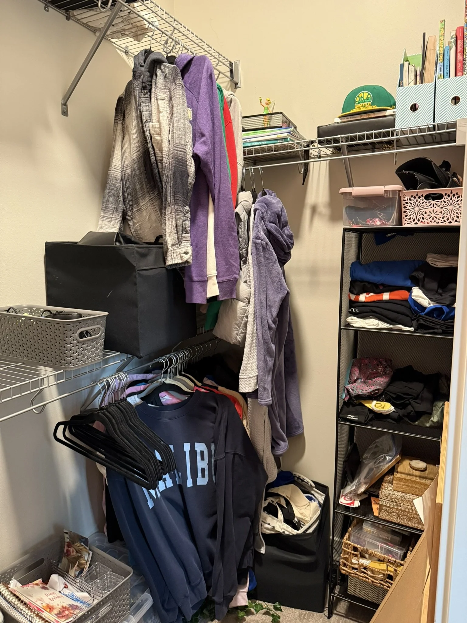 A cluttered walk-in closet with hanging clothes, shelves, and storage bins.