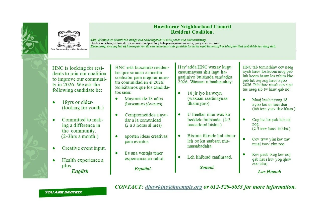 A flyer from the Hawthorne Neighborhood Council Resident Coalition inviting residents to join the coalition and improve the community by 2026. The flyer includes information in English, Spanish, Somali, and Lus Hopob, with contact details for more information.