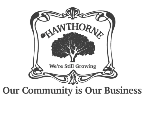 Logo for Hawthorne with a tree in the center and the slogan "We're Still Growing," surrounded by a decorative border with the message "Our Community is Our Business."