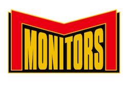 Logo with the word 'MONITORS' in yellow, inside a stylized red and black border design.