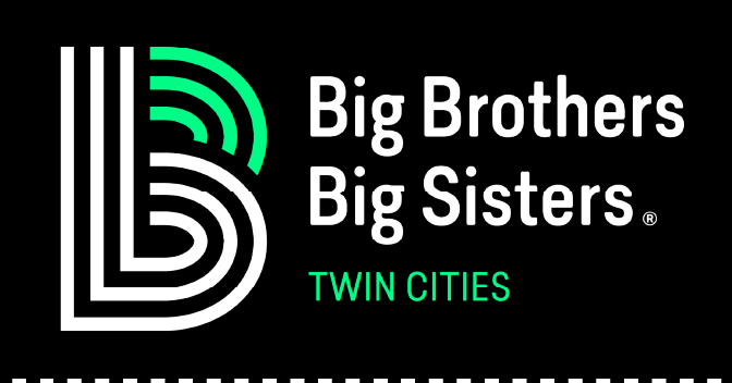 Logo for Big Brothers Big Sisters Twin Cities organization featuring stylized letters 'B' and 'B' with green and white colors and text.