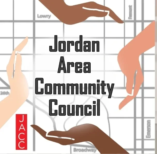 Illustration of four hands pointing to the text 'Jordan Area Community Council' on a map. The map shows streets and the JACC logo.