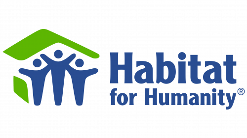 Habitat for Humanity logo with three stylized blue figures holding hands underneath a green roof.