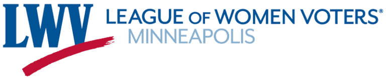 Logo of the League of Women Voters Minneapolis with blue text and a red swoosh