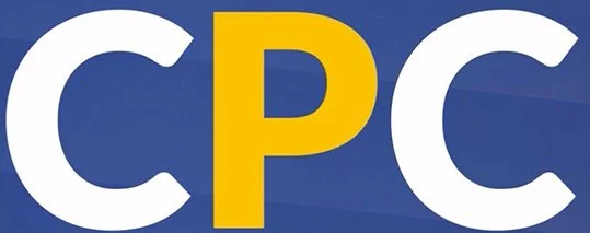 Logo with the letters C P C in blue and yellow.
