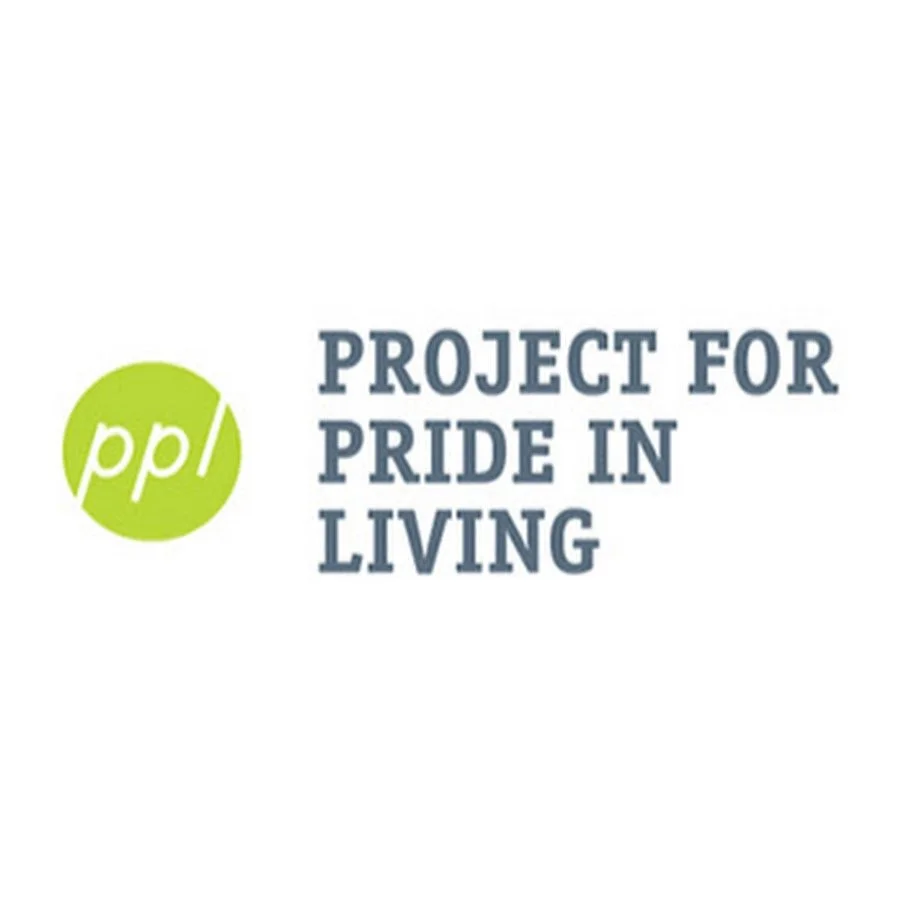 Logo for Project for Pride in Living, featuring a green circle with 'pp/' inside and text to the right stating 'Project for Pride in Living' in dark blue font.