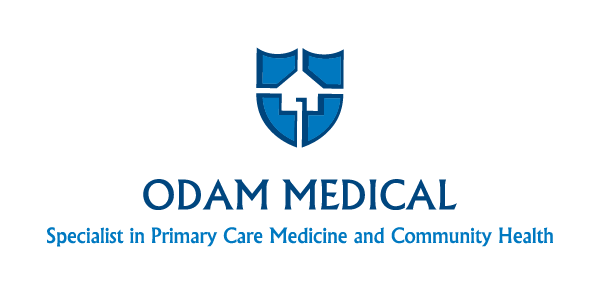 Odam Medical logo with a shield and cross symbol, and text indicating it is a specialist in primary care medicine and community health.