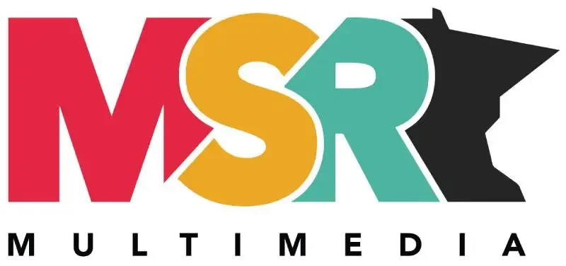 Logo with the letters M, S, R in red, yellow, and green colors, and a black right arrow, with the word MULTIMEDIA below.