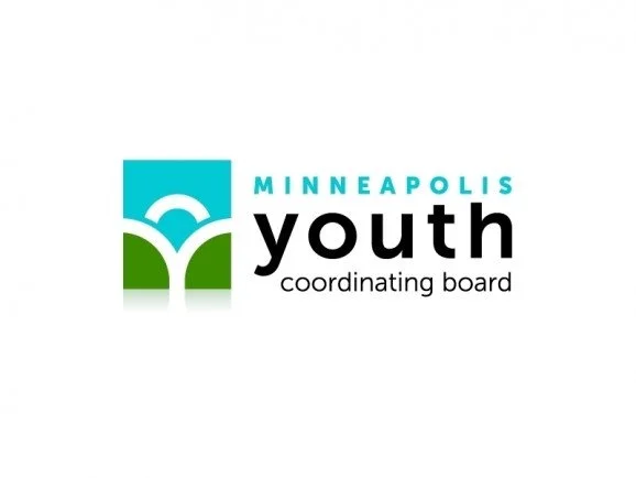 Logo of Minneapolis Youth Coordinating Board with a stylized tree and cityscape in green and blue above the organization's name in black text.