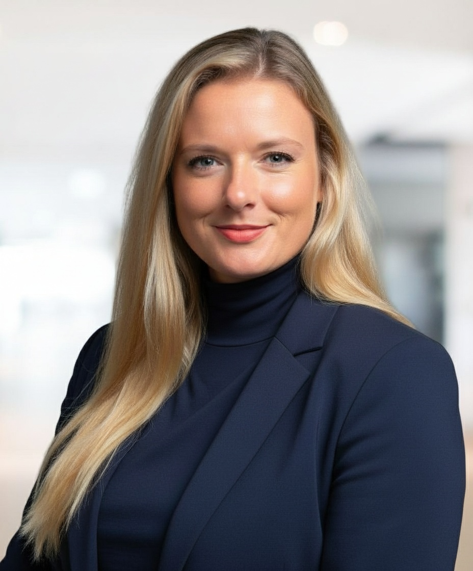 Une femme souriante en blazer bleu clair, fond flou d'un intérieur moderne.