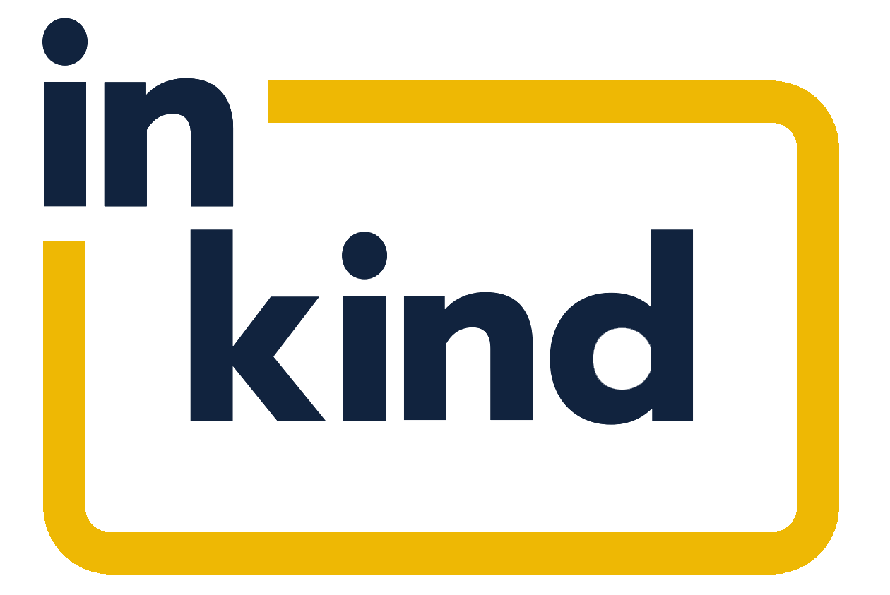 inKind logo with the words 'in' and 'kind' in dark blue inside a yellow rectangular border.