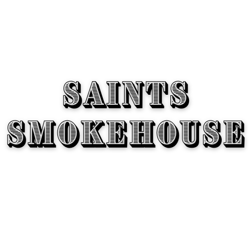 Text that reads 'SAINTS SMOKEHOUSE' in bold, black, 3D-style letters on a white background.